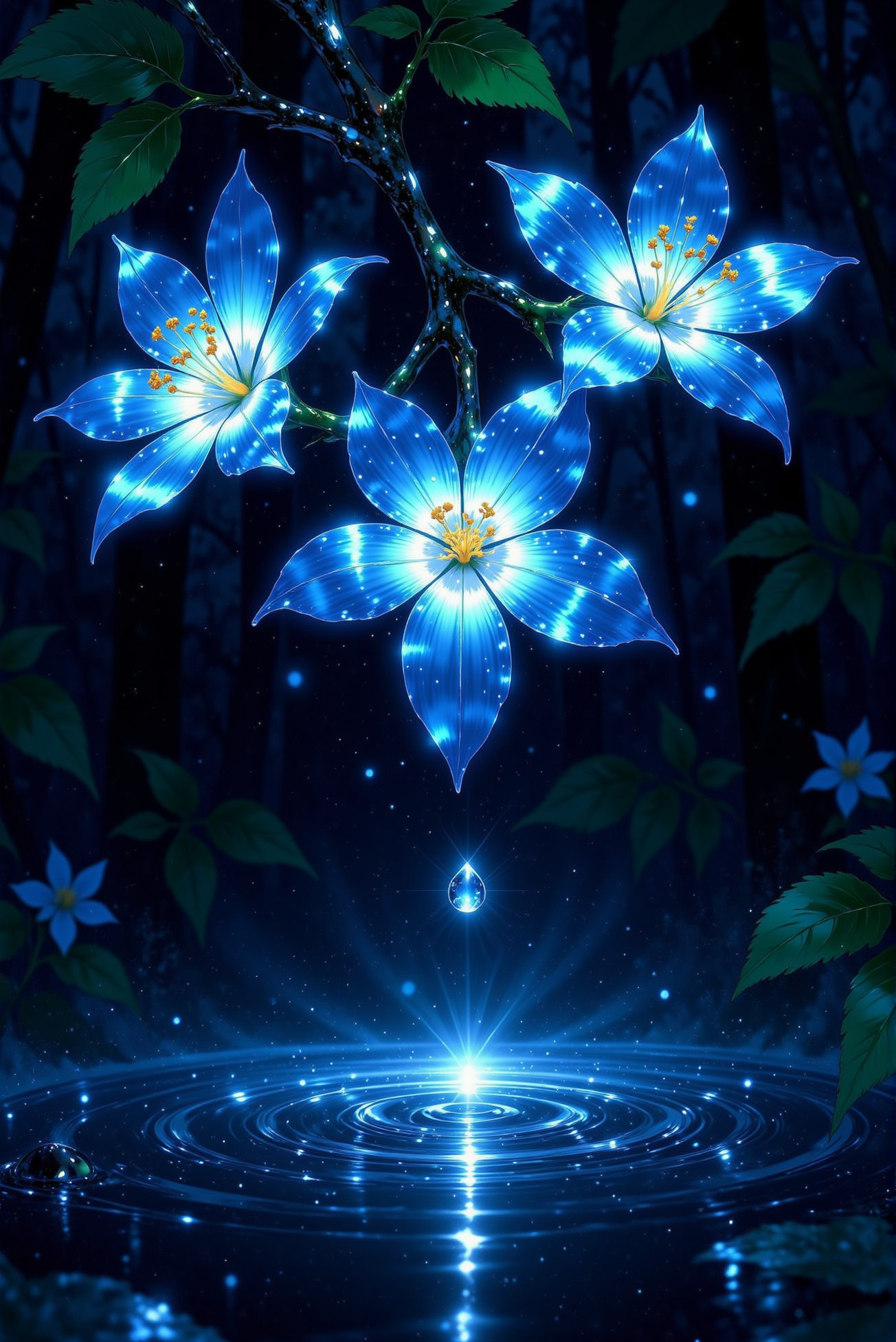 月夜蓝花映幽潭,晶露轻坠泛涟漪 月夜蓝花映幽潭,晶露轻坠泛涟漪