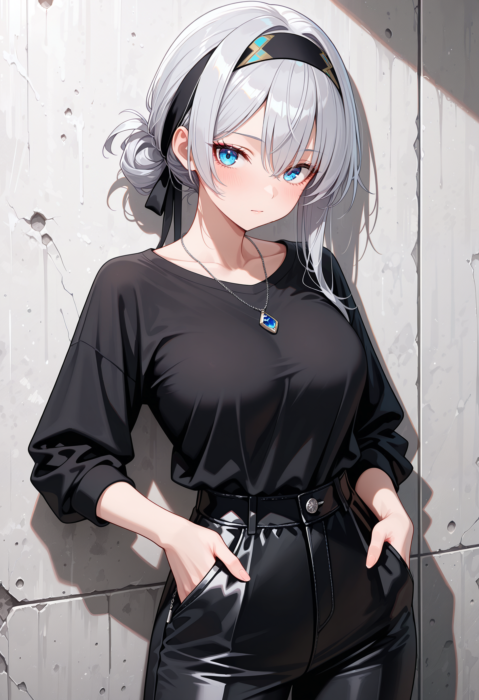 银发少女倚墙而立,黑衣如夜静默凝望 银发少女倚墙而立,黑衣如夜静默凝望