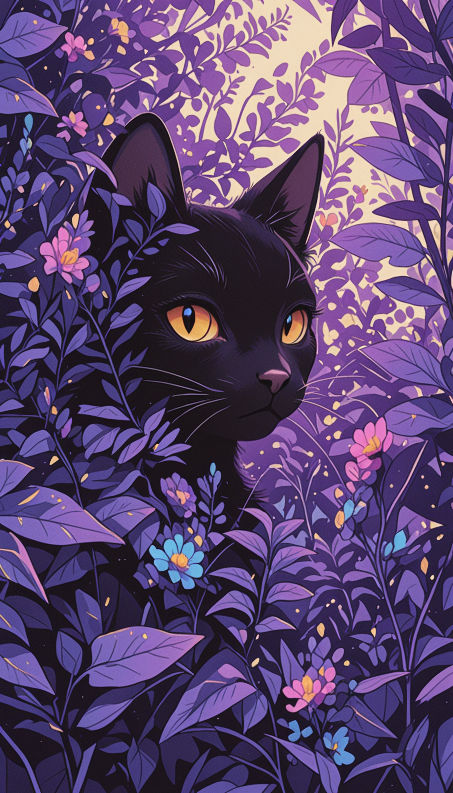 月夜黑猫驻足流光溢彩的魔幻森林 月夜黑猫驻足流光溢彩的魔幻森林