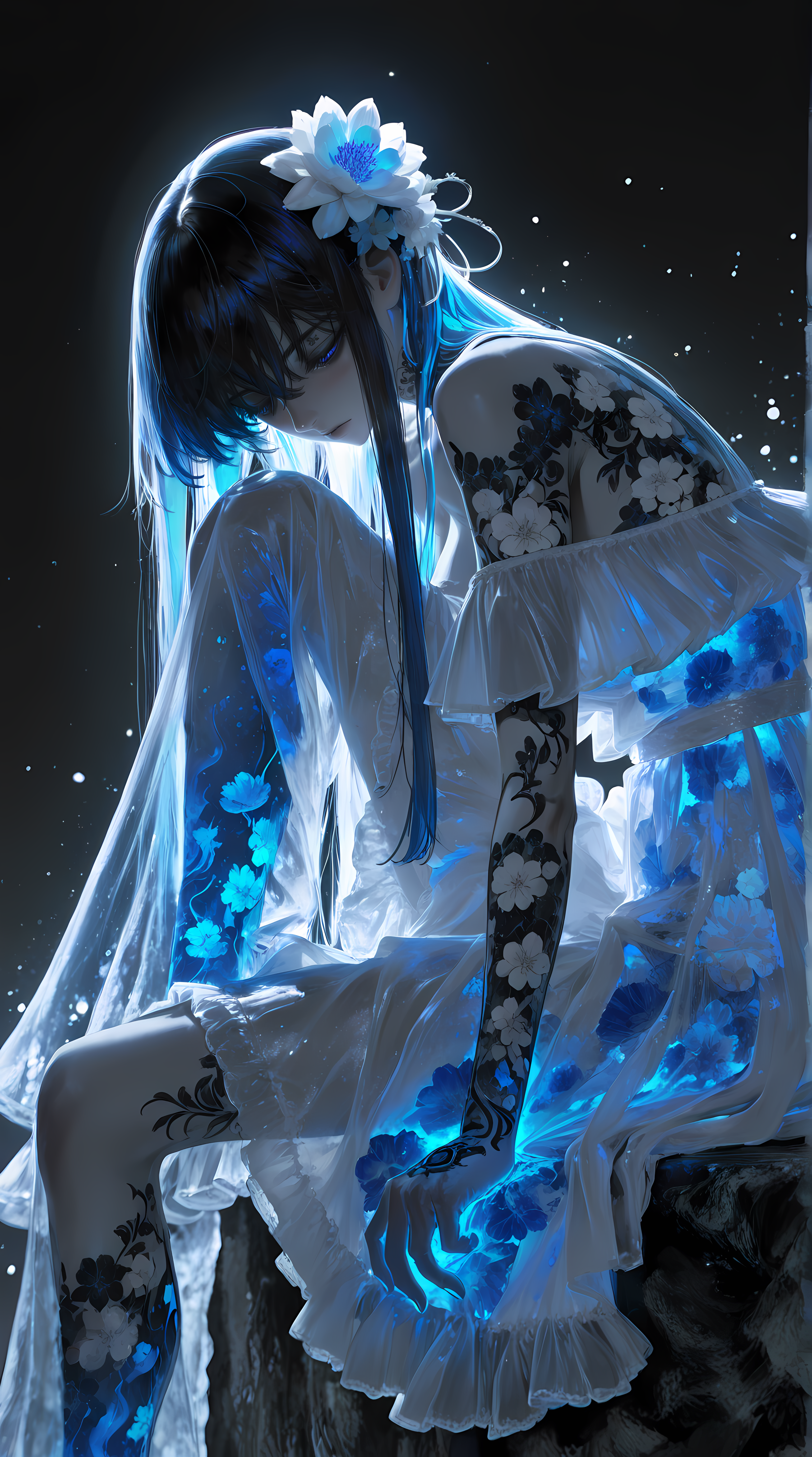 光影流转间,蓝发少女静坐花海中 光影流转间,蓝发少女静坐花海中