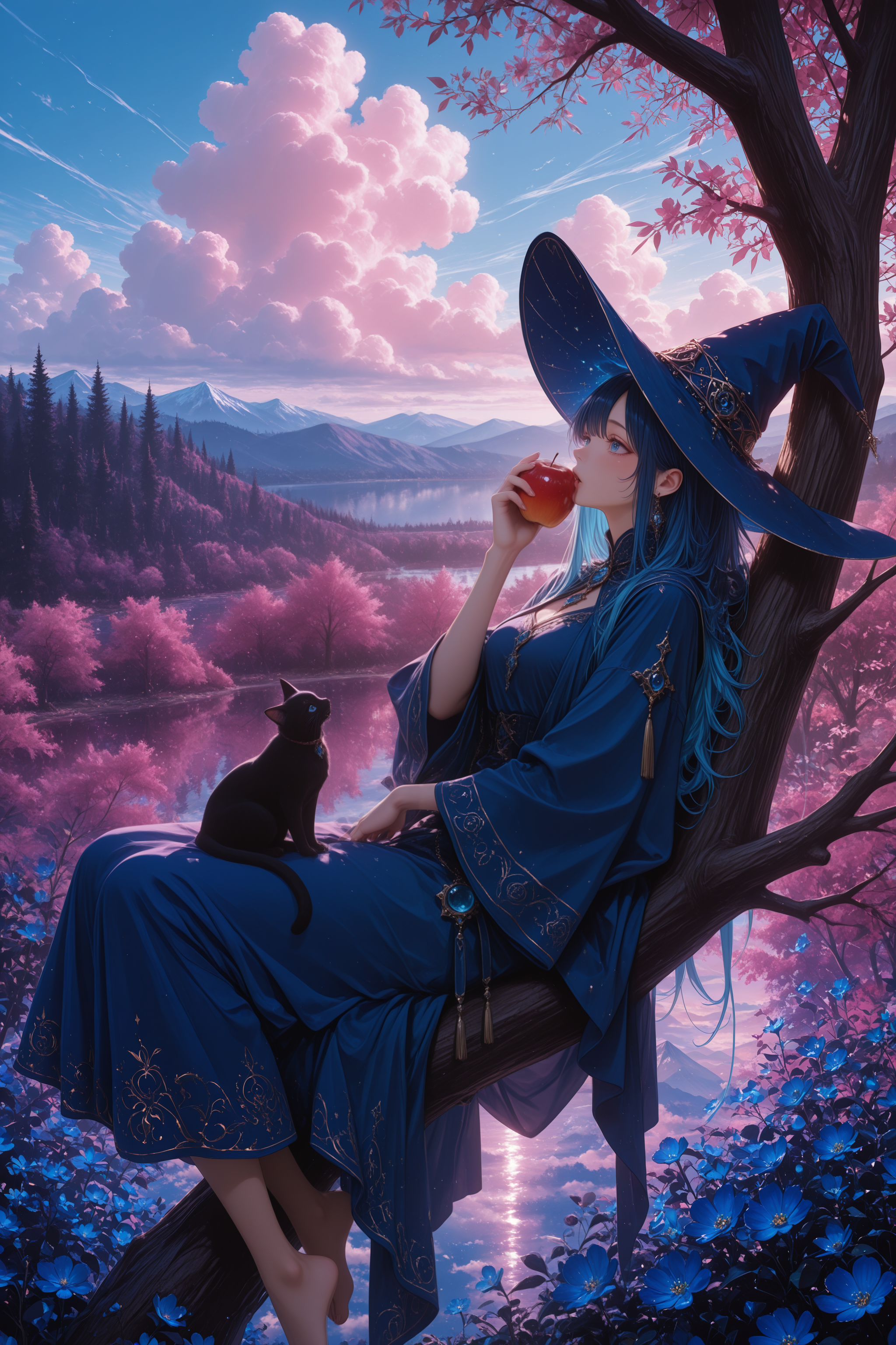 蓝发猫耳女巫坐树端,咬苹果映彩云天 蓝发猫耳女巫坐树端,咬苹果映彩云天